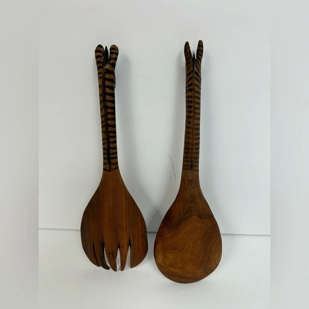 African Safari Giraffe Ladle and Fork Hand Carved Teak/ vintage